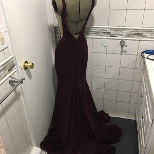 Burgundy Fitted Gown with Long Wavy Train